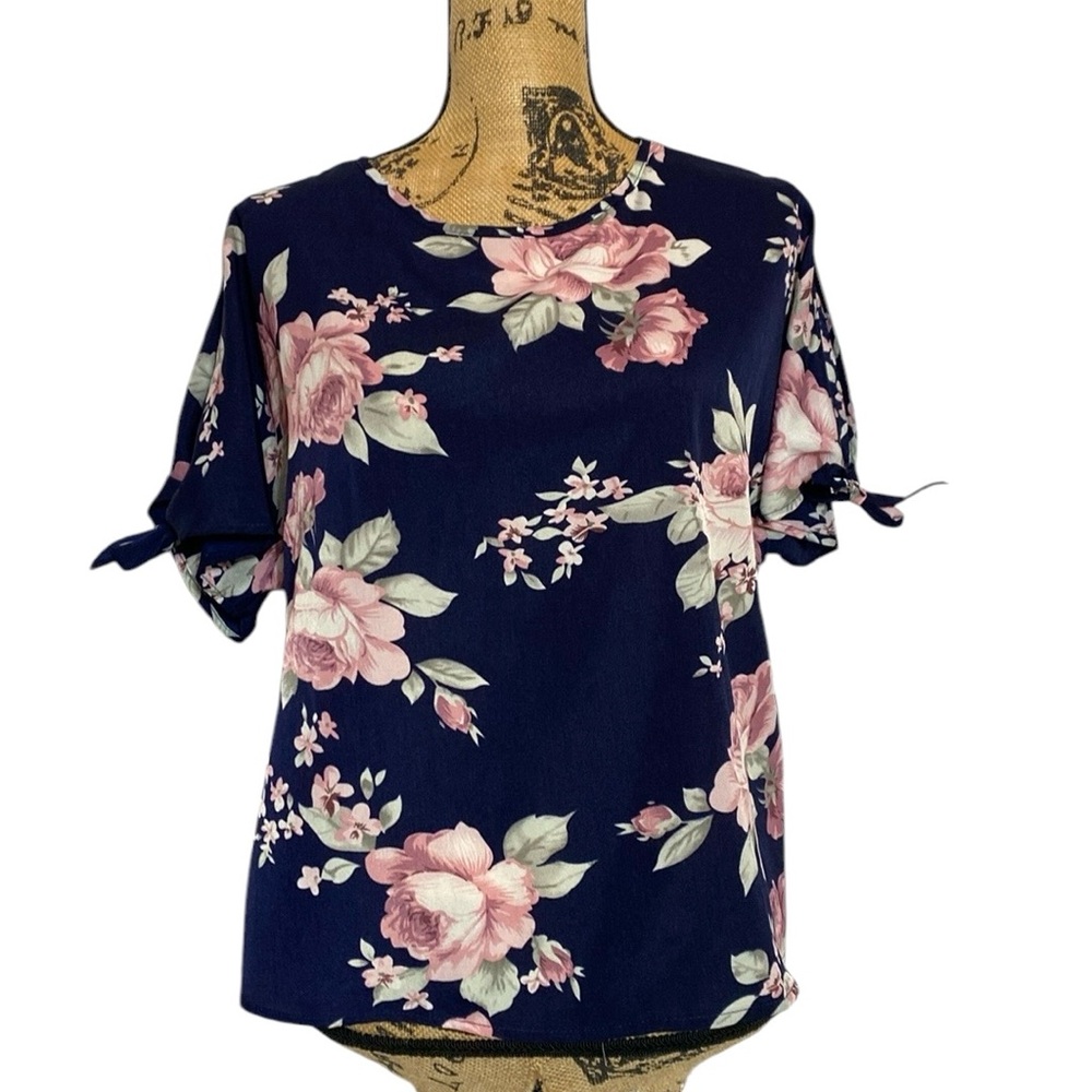 SHEIN Blue Pink Floral Cold Shou Blouse L